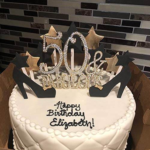 50 and Fabulous Rhinestone Cake Topper | Premium Sparkly Crystal Diamond Bling Gems | 50th Birthday Party Decoration Ideas | Quality Metal Alloy | Perfect Keepsake (50&Fabulous Gold)