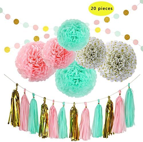 Paper Pom Poms, Tronking 20 Pcs Tissue Paper Pom Poms Decorations Kits Tissue Tassels Dot Paper Garland for Baby Shower, Wedding, Birthday Party Decorations