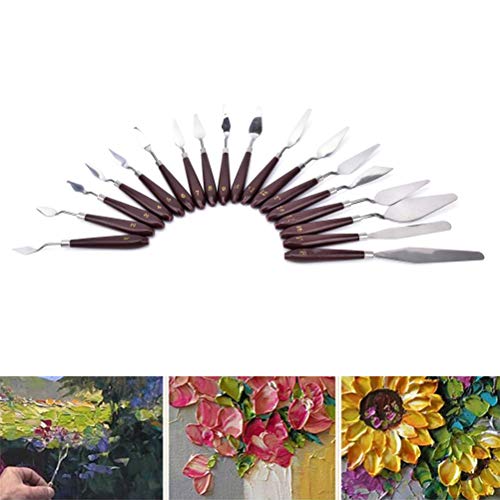 18Pcs Oil Paint Palette Tool Sets Stainless Steel Painting Palette Knife Oil Paint Spatula Mixing Scraper Thin and Flexible Oil Painting Art Tools for Artists Paint Lover, Wood Handle