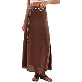 Amazhiyu Women's 100% Linen A-line Maxi Skirt with Matching Belt Summer Casual