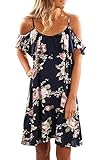 Womens Floral Print Knee Length Cut Out Cold Shoulder Spaghetti Strap Midi Dress (M, Navy Blue)