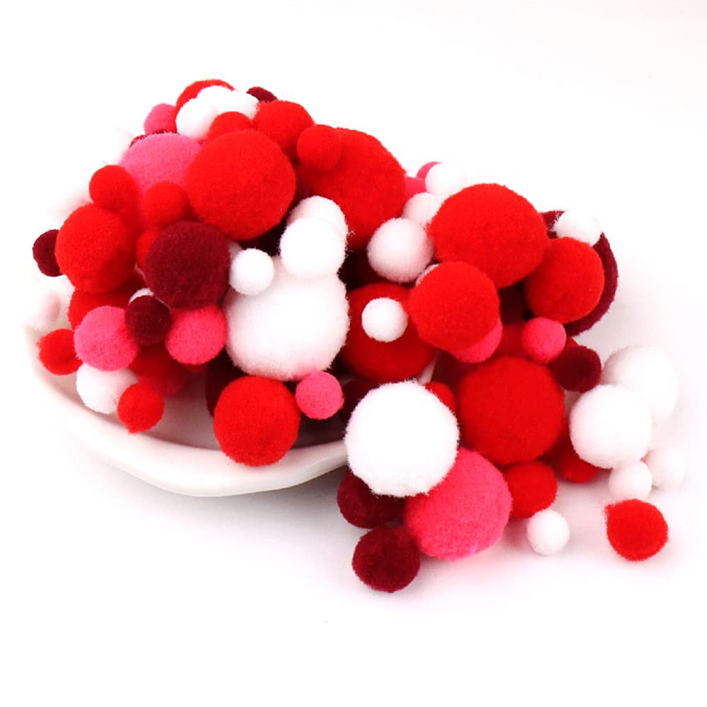 135 Colourful Pompoms for Crafts,10-30 mm Mini Pompoms Balls,Small Pompoms Balls,Fluffy Colourful Pom Pom Decoration Pompom Plush Balls Craft Accessories for Sewing Decoration DIY Crafts,Red White