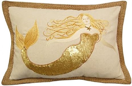 COASTAL NAUTICAL BEACH PILLOWS 12 X 18 Golden Glam Mermaid - Indoor Cotton Pillow Beautifully embroidered with 3D appliqué our mermaid pillow features hand-beading with a natural jute border. Hidden zipper.