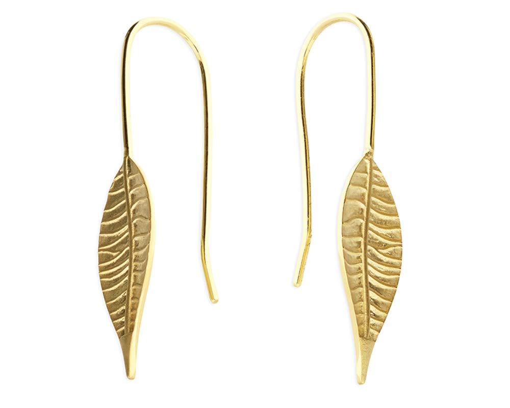 Ladies Gold Plated Thin Leaf Design Hook-in Drop Earrings for Women and Girls 925 Sterling with Gift Box