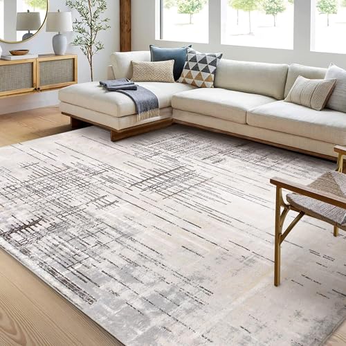 Calore - Tapetes Modernos y Abstractos para Sala de Estar/recámara/Comedor, Tapete de Pelo Medio (Gris/Beige, 6.5 ft x 9.8 ft (200×300cm))