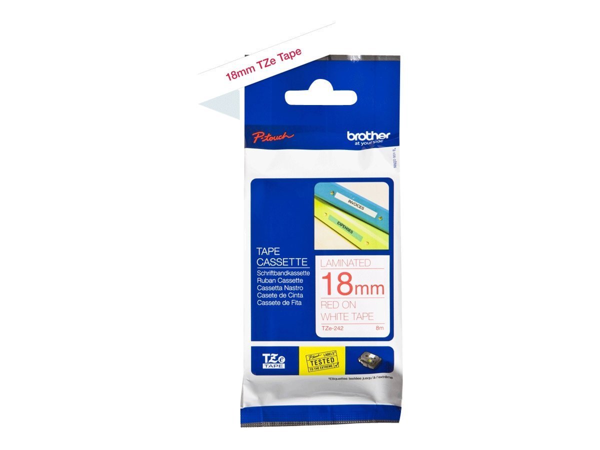 Brother TZe-242 Labelling Tape Cassette, 18 mm (W) x 8 m (L), Laminated, Brother Genuine Supplies - Red on White