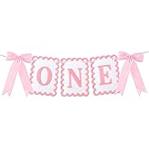 Vovii Bow Highchair Banner for 1st Girls Birthday Decoration, Pink and White One Birthday Banner for Party Decor Photo Props(Pre-Strung)