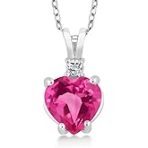 Gem Stone King 14K White Gold Heart Shape Pink Created Sapphire and White Topaz Pendant Necklace For Women (2.50 Cttw, Gemstone Birthstone, with 18 Inch Chain)