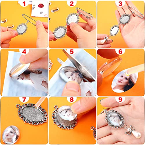 TERRIFI 2 Pcs Wedding Bouquet Photo Charm DIY Pin Brooch Making Kit Double Lacy Frame Wedding Charm 18 x 25 mm Oval Glass Cabochons Picture Frame with Pendant for Holiday Craft Use