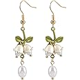 Cualque Lily of the Valley Earrings 925 Sterling Silver Drop Dangle Lily Earrings Pearl Flower Drop Lily of the Valley Jewelry Pendant Petal Stud Dangle Statement Earring for Women Bride