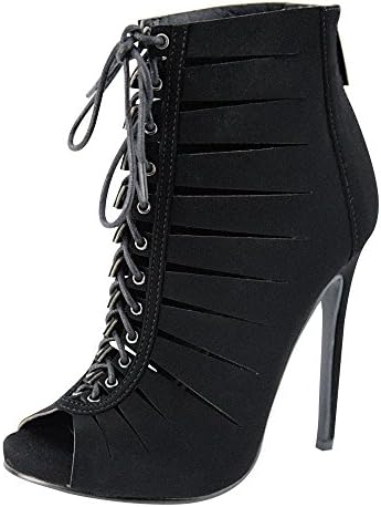 Corset Lace up Strappy Caged Ankle Side Slits Open Toe Heeled Booties Vanesa-35 Black, Red and Gold (BK10)