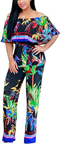 Women's Sexy Off Shoulder Floral Ruffles Top Strapless High Waist Wide Leg Jumpsuits Rompers (M, Floral b)