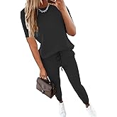 HBQ Women's Color Block 2 Piece Outfits Summer Travel Tracksuit Short Sleeve Tops High Waisted Jogger Pants Lounge Sets