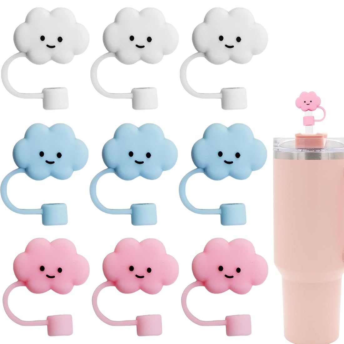 DHKFXKT 9 PCS Multicolor Silicone Cloud Straw Caps for Stanley Cup, Reusable Stopper, 10mm Diameter, Dust-Proof, Anti-Leak, 9 Pieces