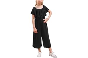 GORLYA Girls Scoop Neck Ruffle Overlay Jumpsuit Rompers Casual Loose Long Wide Leg Jumper Outfits 4-14T