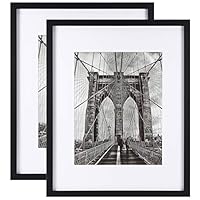 ONE WALL Tempered Glass 2PCS 16x20 Poster Frame, Black Wood Picture Frame with Mat for 11x14 Photo for Wall - Mounting Hardware Included