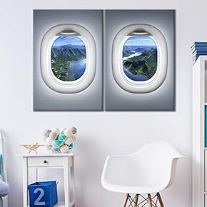 2 Panel Canvas Wall Art - Grey Plane Window Seat Agricultural Farm by The River View - Giclee Print Gallery Wrap Modern Home Art Ready to Hang - 16"x24" x 2 Panels