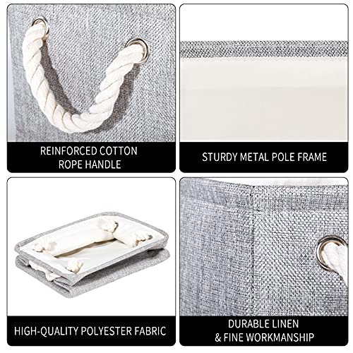 Hgeygyc Foldable Storage Baskets (6 Pack) with Rope Handles, Storage Bins ​for Organizing, Closet, Nursery, Toy, Blanket, Clothes, Grey, 11.22(L) x 7.67(W) x 5.51(H) Inch