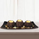 Coffee Table Decor, Fall Decorations, Candle Holders with Tray and Rocks | Coffee Table Centerpiece Decor, Rustic Halloween Decorations Candlestick for Dining Room, Fireplace, Thanksgiving Gift