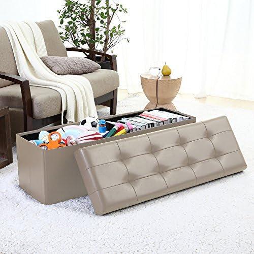 Ellington Home Foldable Tufted Faux Leather Large Storage Ottoman Bench Foot Rest Stool/Seat - 15" x 45" x 15" (Taupe)