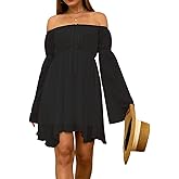 Sunidol Womens Off Shoulder Dress Bell Sleeve Lace-Up Elastic Waist Chiffon Flowy Casual Party Irregular Mini Dresses