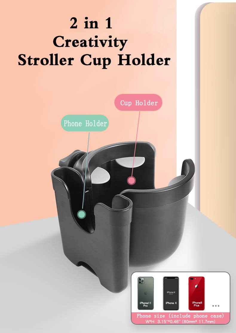Stroller Cup Holder - 2 in 1 Universal Cup Holder,Large Caliber Designed Cup Holder with Phone Holder, 360 Degrees Rotation Bottle Rack Holder for Baby Stroller, Buggy,Pushchair,Wheelchair, Walker: Baby