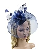 Urban CoCo Women's Elegant Flower Feather and Veil Fascinator Cocktail Party Hair Clip Hat (Navy blue),one Size