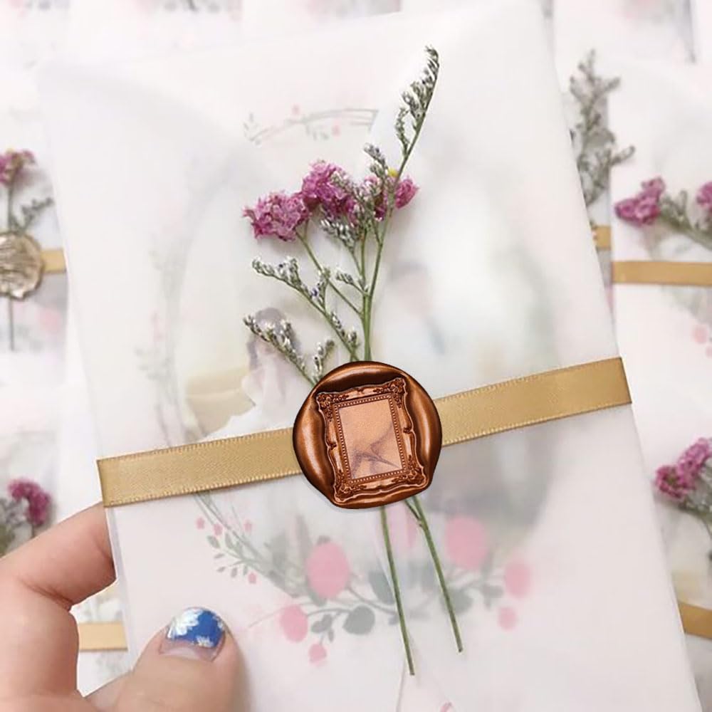 1PCS Wax Seal Stamp Head 1PCS Removable Wooden Handle,3D Embossed Rectangle Vintage Texture Brass Head Wax Stamp Retro Photo Frame Wax Seal Stamp Kit For Card Envelope Wedding Invitations Scrapbooking