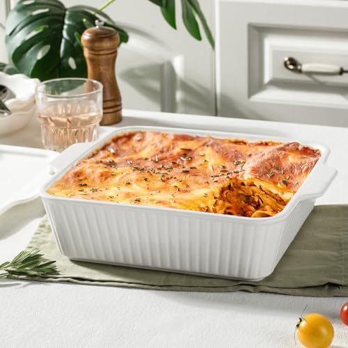Dizada Casserole Dish for Oven with Lid, 10'' Square Baking Dish, 2-in-1 Ceramic Baking Dish, Baking Pan with Handles, Lasagna Pan Bakeware Oven Safe Baking Dish for Oven, Cake, Kitchen, Microwave, Dishwasher Safe, White