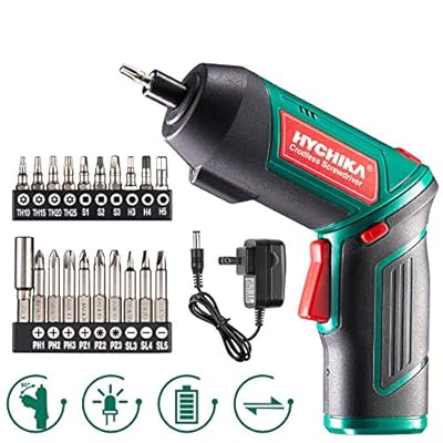 Cordless Screwdriver 6 N.m, HYCHIKA 3.6V 2.0Ah Electric Screwdriver, Adjustable 2 Position Handles，Front LED, DC Charging, 20pcs Accessories