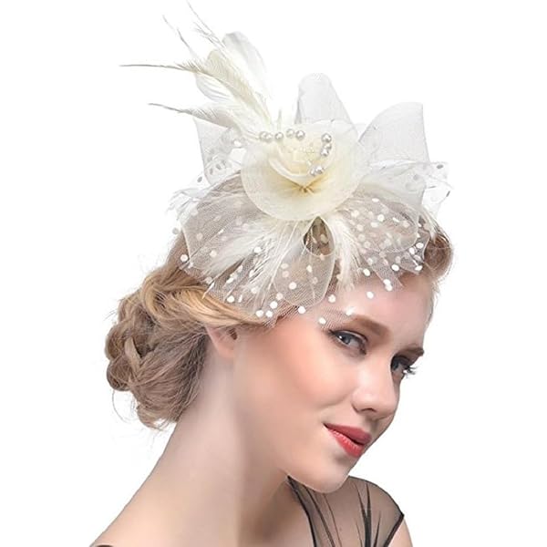 7946 Fascinators Tea Party Hats White Flower Mesh Beaded Feathers QDC Fascinators for Women Tea Party Headband Hats Cocktail  main image 3