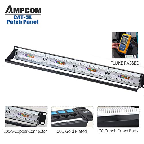AMPCOM Supreme Series CAT5/5e Patch Panel,50μ Gold Plated,1U 24-Port Rackmount or Wallmount Punch Down Patch Panel,Cable Management Panel,Label Board,RJ45,568A 568B