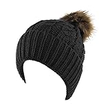 Women's Winter Fleece Lined Cable Knitted Pom Pom Beanie Hat