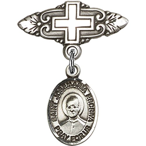 Sterling Silver Baby Badge with St. Josemaria Escriva Charm and Badge Pin with Cross 1 X 3/4 inches