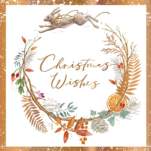 Ling Design Box of 10 Winter Wreath & Hare Gold Foiled Christmas Cards Xmas Card Packs X14310H