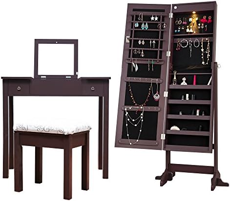 Cloud Mountain Jewelry Cabinet Makeup Dressing Vanity Table Stool Set Jewelry Armoire Free Standing with LED Light, Espresso