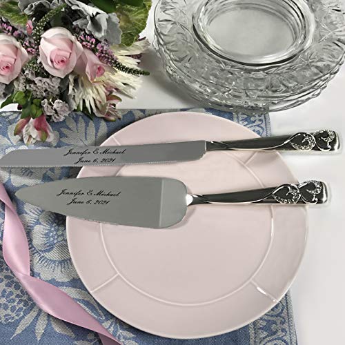 Personalized Engraved Customized Wedding Accessories Sparkling Love Silver Plated Cake Knife and Server Set, Black Engraving - Thumbnail 3