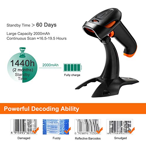 Tera Barcode Scanner Wireless 1D 2D QR with Stand: Battery Level Indicator 3 in 1 Works with Bluetooth 2.4G Wireless USB Wired Handheld Bar Code Reader with Vibration Alert HW0002 Orange - Thumbnail 7