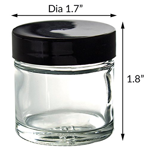 Clear 1 oz Thick Wall Glass Straight Sided Jar (12 Pack) + Spatulas and Labels - Airtight, Smell Proof, BPA Free Lids