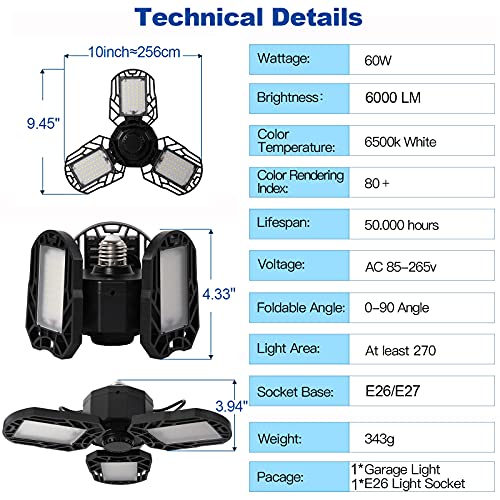 LED Garage Light 60W Garage Lighting, 6000LM 6500K LED Ceiling Light Fixture, E27/E26 Base Ceiling Light with 3 Deformable Adjustable Panels for Shop Workshop Barn Basement Warehouse Factory (1-Pack)