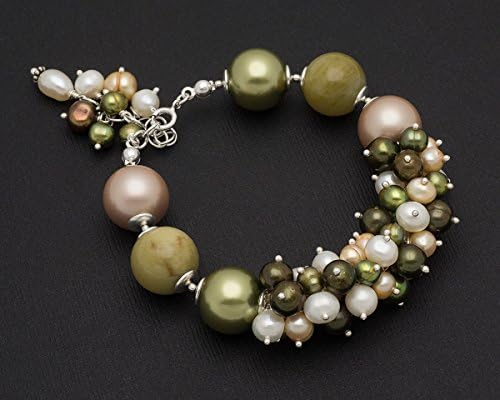Green Tourmaline Swarovski Elements Cultured Pearl 925 Sterling Silver Cluster Bracelet