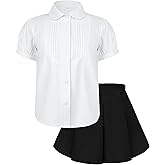 Girls Skirt Outfit Short Sleeve White Button Down Shirts and Mini Skirts Two Piece Picture Day Outfits for School