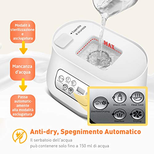 Sterilizzatore Biberon, a Vapore Elettrico&Asciugatura, Multifunzionale 6 In 1, Per 6 Biberon, Spegnimento Automatico, LCD Touch-Screen, Controllo Tempo Preciso