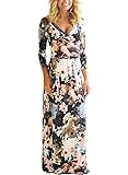 AlvaQ Women Spring Sexy Deep V Neck 3 4 Sleeve Eveing Formal Maxi Dress Cocktail Plus Size Large Black