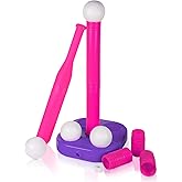 Liberry Toddler Tball Set, Baseball Toy for Boys Girls Ages 3 4 5 (Pink) | Adjustable Height Tee Ball Stand, Weighted Base and Kids Baseball Bat, 4 Balls, Indoor Outdoor Game, Birthday Gift
