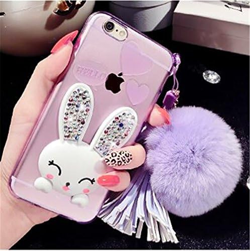 iPhone 7 Case with Chain,Cute Lovely Bunny Rabbit Silicone Soft Case Cover for iPhone 7 4.7 inch with Fur Ball (Purple)