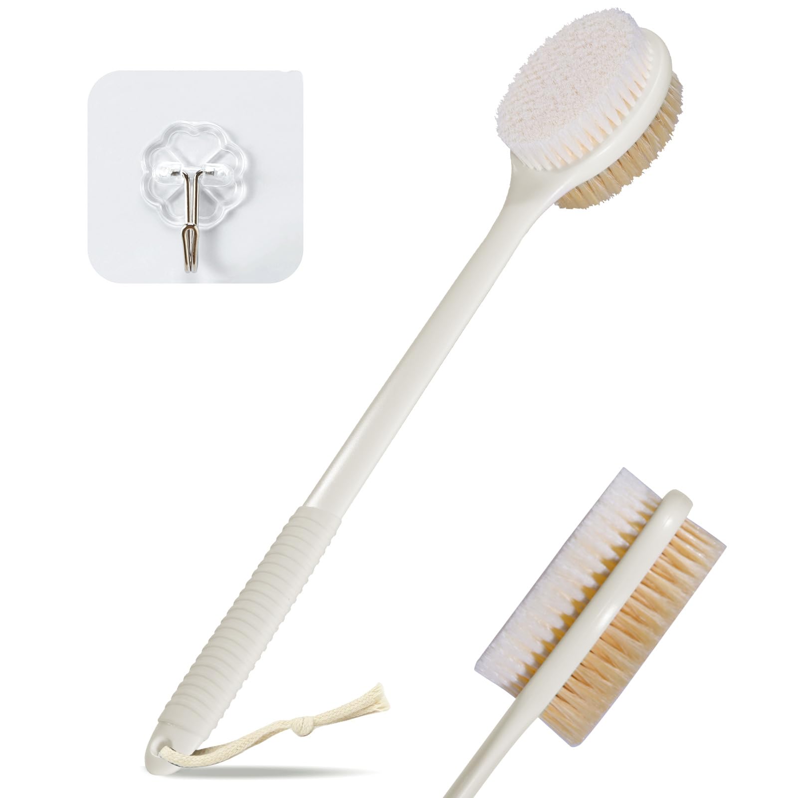 VANZAVANZU 42CM Back Scrubber for Shower, Anti-Slip Long Handle Bath Brush with Soft and Stiff Bristles, Exfoliating Shower Brush for Wet or Dry Brushing (Cream White)