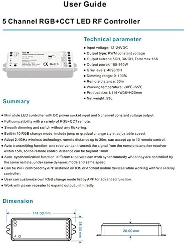 5 Channel RGB+CCT LED RF Controller 5CH 3A PWM Constant Voltage 12 ...