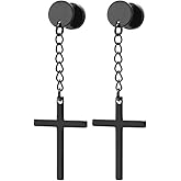 Pair Circle Screw Stud Earrings with Dangle Cross for Men Women, Stainless Steel, Screw Back