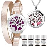 LorFain Essential Oil Bracelet and Necklace, Stainless Steel Aromatherapy Pendant Locket Bracelets Leather Band with 48 Pads in 4 Scents, Girls Women Jewelry Gift Set - Rose Gold